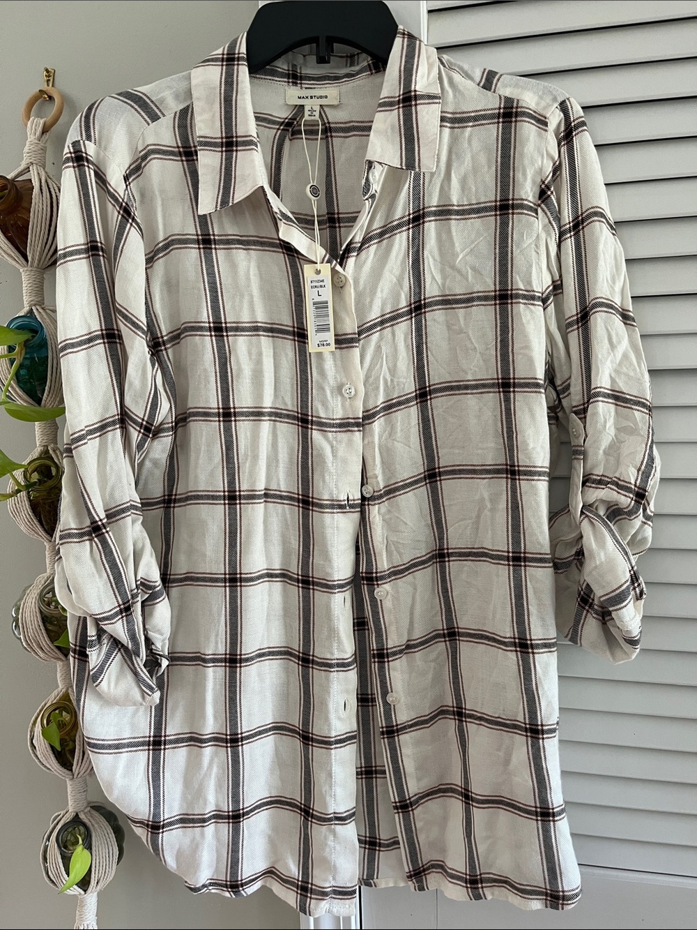 Max Studio White Plaid Button-Down Shirt with Brown Windowpane